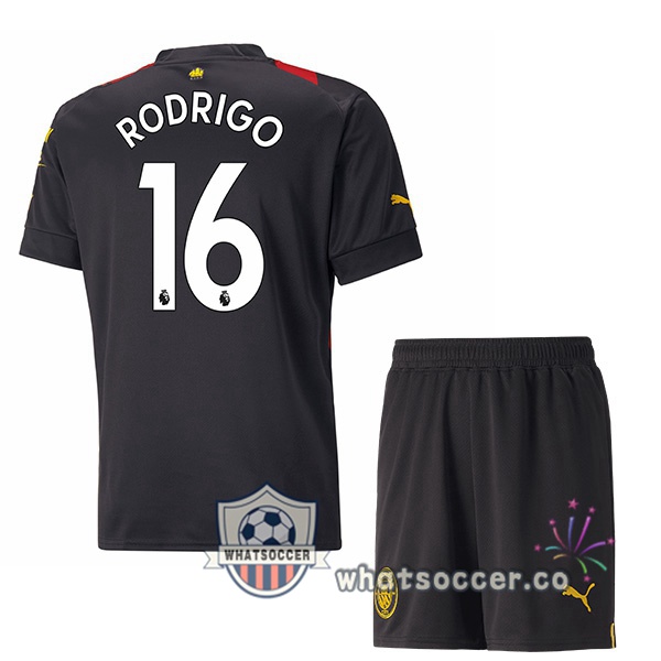 Manchester City (Rodrigo 16) Kids Away Soccer Jerseys Red Black 2022-2023