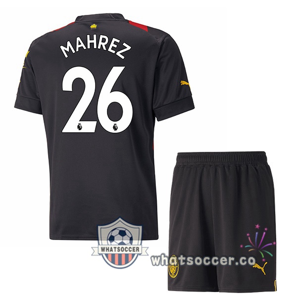 Manchester City (Riyad Mahrez 26) Kids Away Soccer Jerseys Red Black 2022-2023