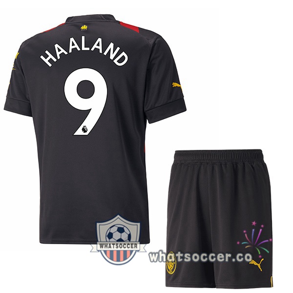 Manchester City (Erling Haaland 9) Kids Away Soccer Jerseys Red Black 2022-2023