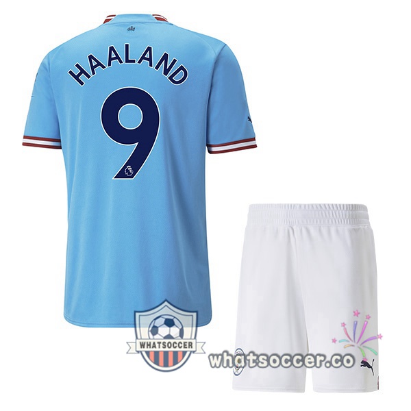Manchester City (Erling Haaland 9) Kids Home Soccer Jerseys Blue 2022-2023