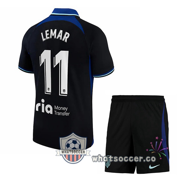 Atletico Madrid (Lemar 11) Kids Away Soccer Jerseys Black 2022-2023
