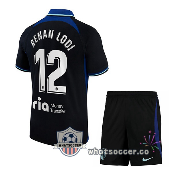 Atletico Madrid (Renan Lodi 12) Kids Away Soccer Jerseys Black 2022-2023