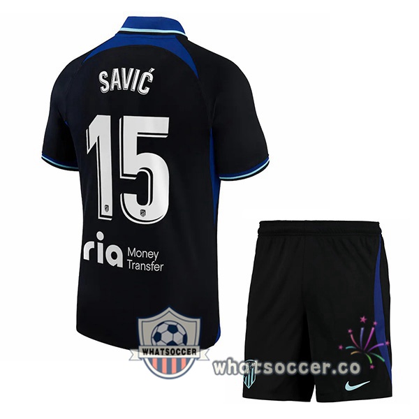 Atletico Madrid (Savic 15) Kids Away Soccer Jerseys Black 2022-2023