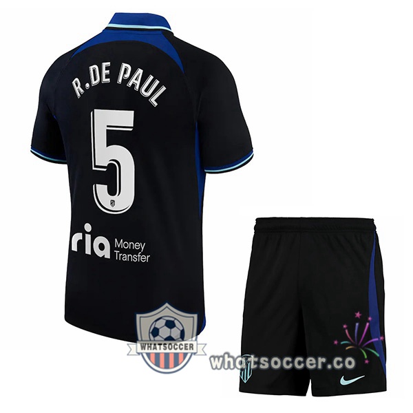 Atletico Madrid (R. De Paul 5) Kids Away Soccer Jerseys Black 2022-2023