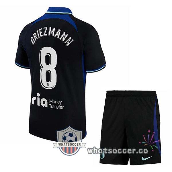 Atletico Madrid (Griezmann 8) Kids Away Soccer Jerseys Black 2022-2023