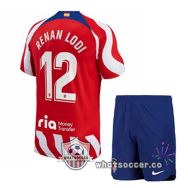 Atletico Madrid (Renan Lodi 12) Kids Home Soccer Jerseys Red 2022-2023