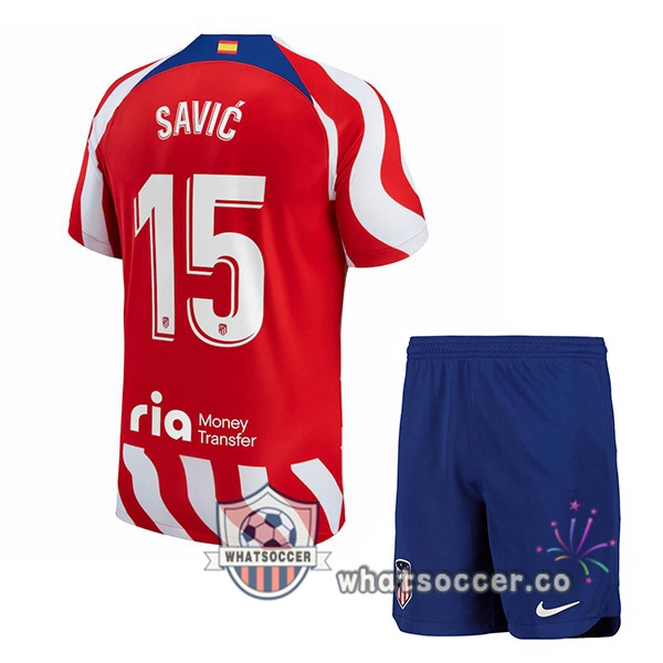 Atletico Madrid (Savic 15) Kids Home Soccer Jerseys Red 2022-2023