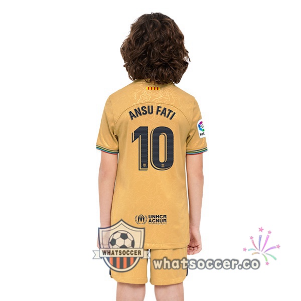 FC Barcelona (Ansu Fati 10) Kids Away Soccer Jerseys Yellow 2022-2023