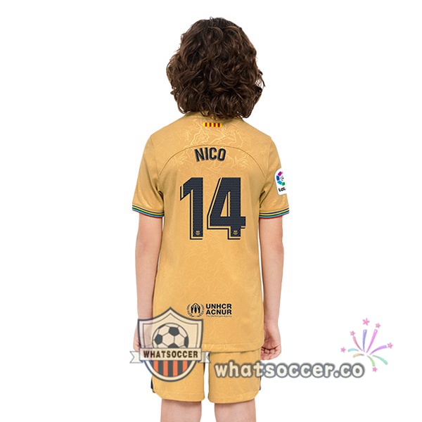 FC Barcelona (Nico 14) Kids Away Soccer Jerseys Yellow 2022-2023