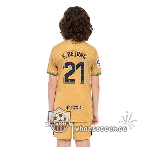 FC Barcelona (Frenkie de Jong 21) Kids Away Soccer Jerseys Yellow 2022-2023