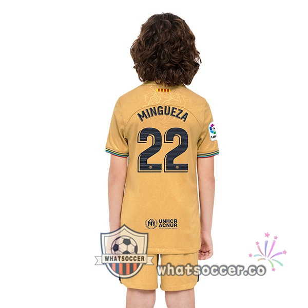 FC Barcelona (Mingueza 22) Kids Away Soccer Jerseys Yellow 2022-2023