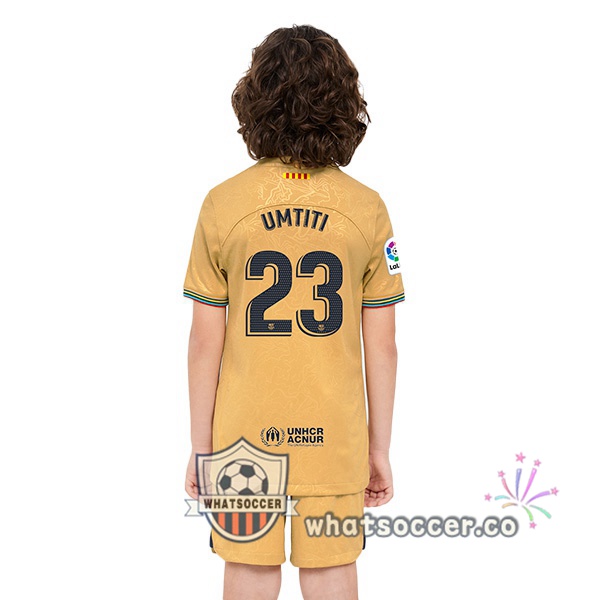 FC Barcelona (Umtiti 23) Kids Away Soccer Jerseys Yellow 2022-2023