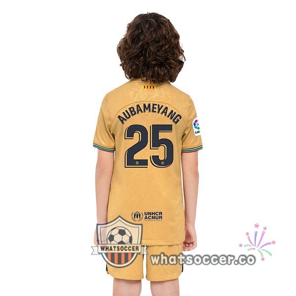FC Barcelona (Aubameyang 25) Kids Away Soccer Jerseys Yellow 2022-2023