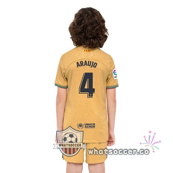 FC Barcelona (R. Araujo 4) Kids Away Soccer Jerseys Yellow 2022-2023