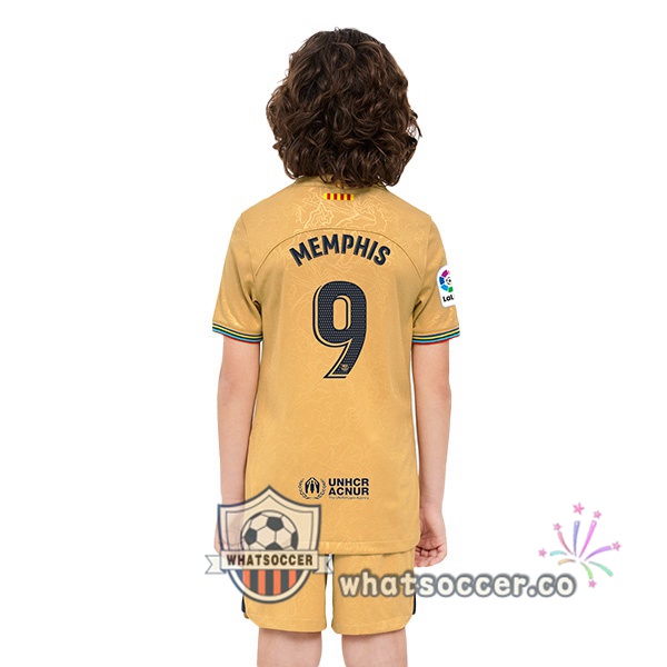FC Barcelona (Memphis 9) Kids Away Soccer Jerseys Yellow 2022-2023