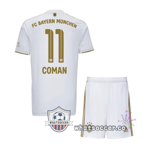 Bayern Munich (Coman 11) Kids Away Soccer Jerseys White 2022-2023