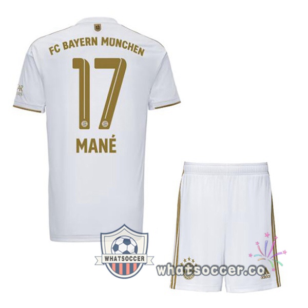 Bayern Munich (Mané 17) Kids Away Soccer Jerseys White 2022-2023