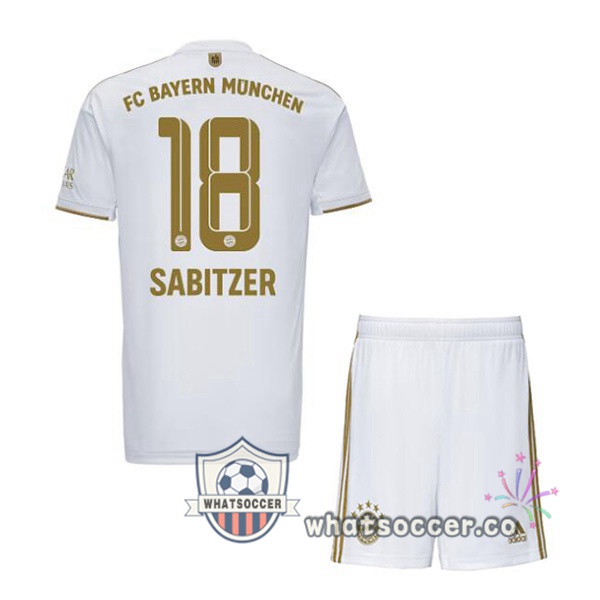 Bayern Munich (Sabitzer 18) Kids Away Soccer Jerseys White 2022-2023