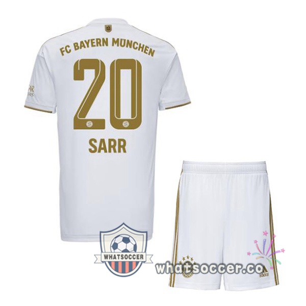 Bayern Munich (Sarr 20) Kids Away Soccer Jerseys White 2022-2023