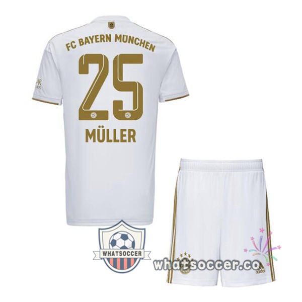 Bayern Munich (Müller 25) Kids Away Soccer Jerseys White 2022-2023