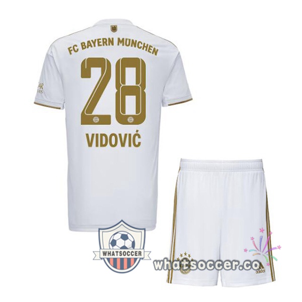 Bayern Munich (Vidović 28) Kids Away Soccer Jerseys White 2022-2023