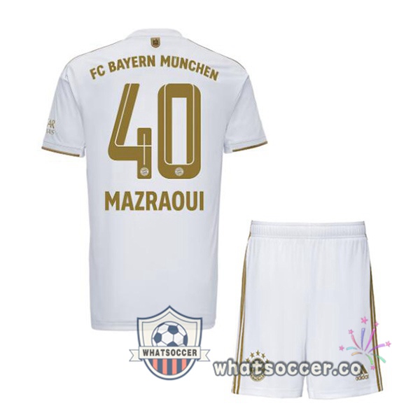Bayern Munich (Mazraoui 40) Kids Away Soccer Jerseys White 2022-2023