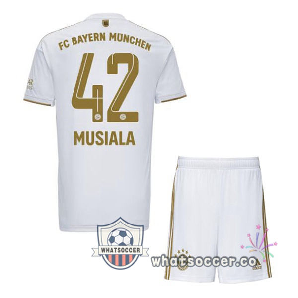 Bayern Munich (Musiala 42) Kids Away Soccer Jerseys White 2022-2023