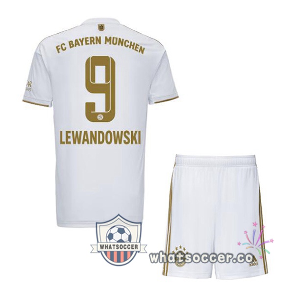 Bayern Munich (Lewandowski 9) Kids Away Soccer Jerseys White 2022-2023