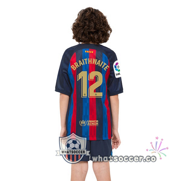 FC Barcelona (Martin Braithwaite 12) Kids Home Soccer Jerseys Red Blue 2022-2023