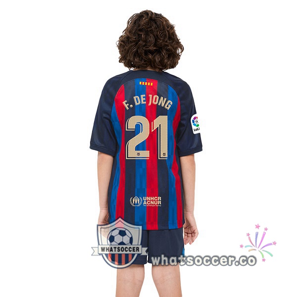 FC Barcelona (Frenkie de Jong 21) Kids Home Soccer Jerseys Red Blue 2022-2023