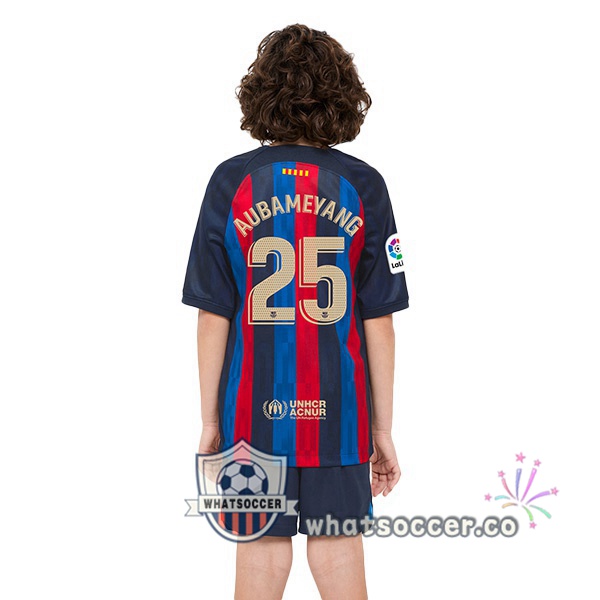 FC Barcelona (Aubameyang 25) Kids Home Soccer Jerseys Red Blue 2022-2023