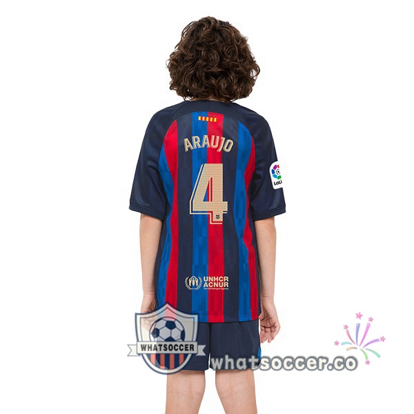 FC Barcelona (R. Araujo 4) Kids Home Soccer Jerseys Red Blue 2022-2023