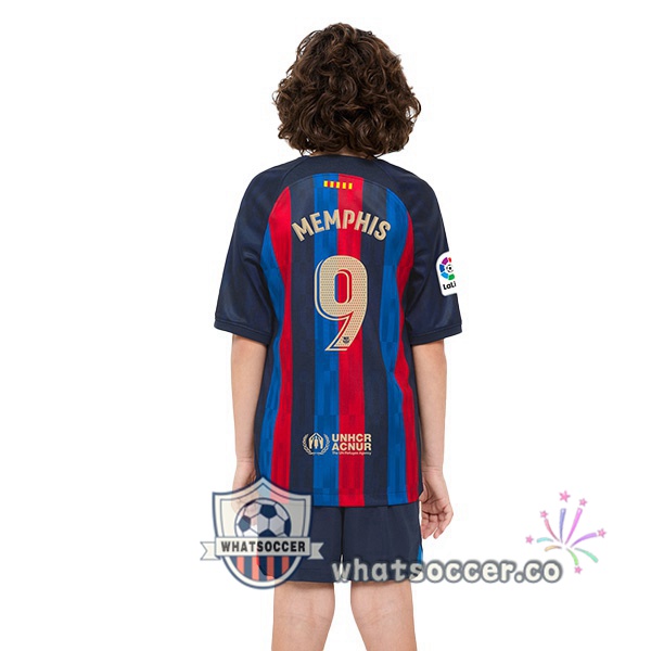 FC Barcelona (Memphis 9) Kids Home Soccer Jerseys Red Blue 2022-2023