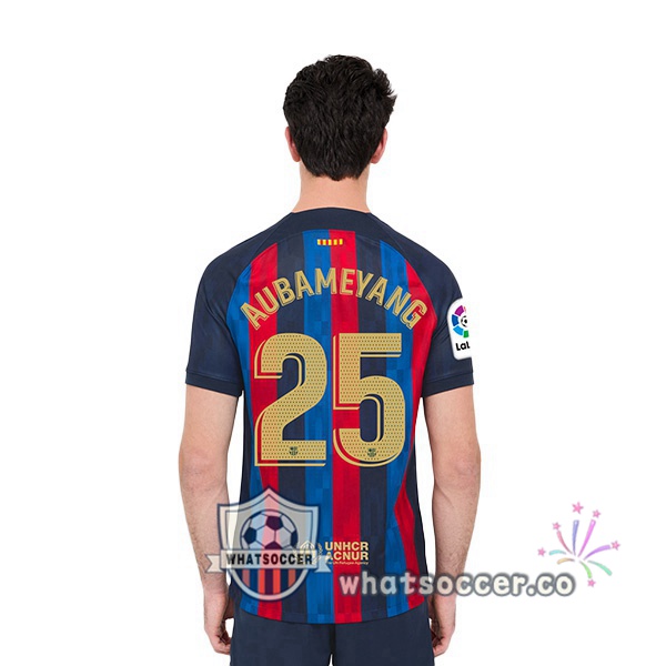 FC Barcelona (Aubameyang 25) Home Soccer Jerseys Red Blue 2022-2023