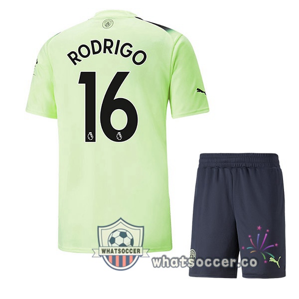 Manchester City (Rodrigo 16) Kids Third Soccer Jerseys Green Black 2022-2023