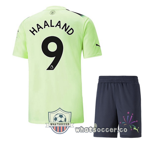 Manchester City (Erling Haaland 9) Kids Third Soccer Jerseys Green Black 2022-2023
