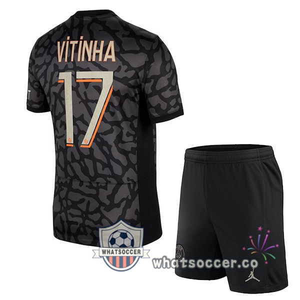 Paris PSG (Vitinha 17) Kids Third Soccer Jerseys Black 2023-2024