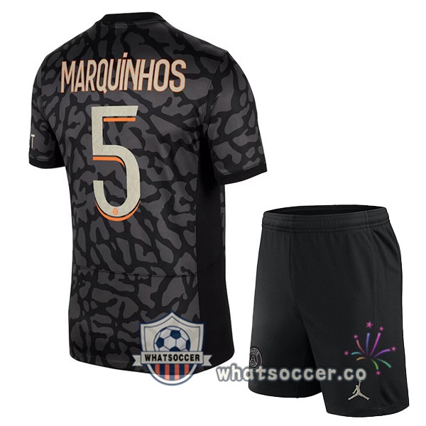 Paris PSG (Marquinhos 5) Kids Third Soccer Jerseys Black 2023-2024