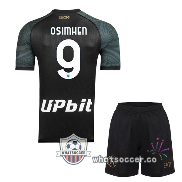 SSC Napoli (Victor Osimhen 9) Kids Third Soccer Jerseys Black 2023-2024