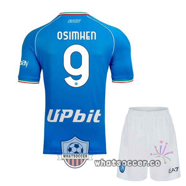 SSC Napoli (Victor Osimhen 9) Kids Home Soccer Jerseys Blue 2023-2024