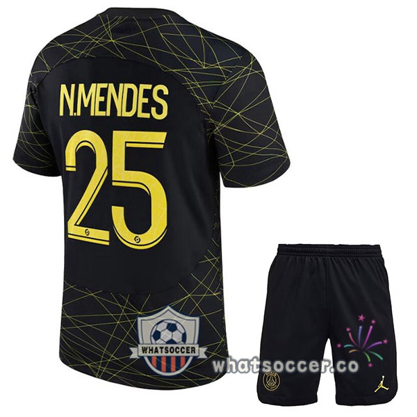 Paris PSG (N.MENDES 25) Kids Fourth Soccer Jerseys Black 2022-2023