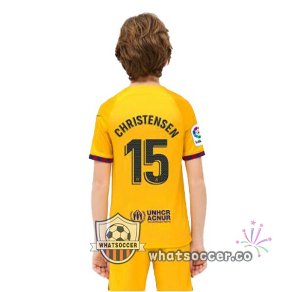 FC Barcelona (CHRISTENSEN 15) Kids Fourth Soccer Jerseys Yellow 2022-2023