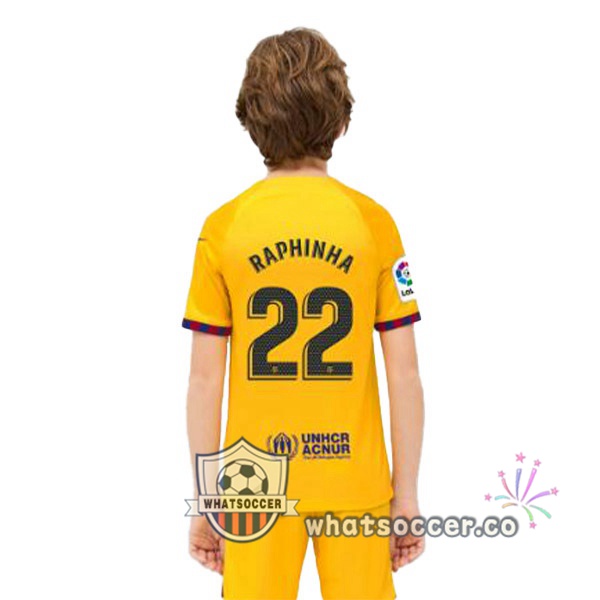 FC Barcelona (RAPHINHA 22) Kids Fourth Soccer Jerseys Yellow 2022-2023