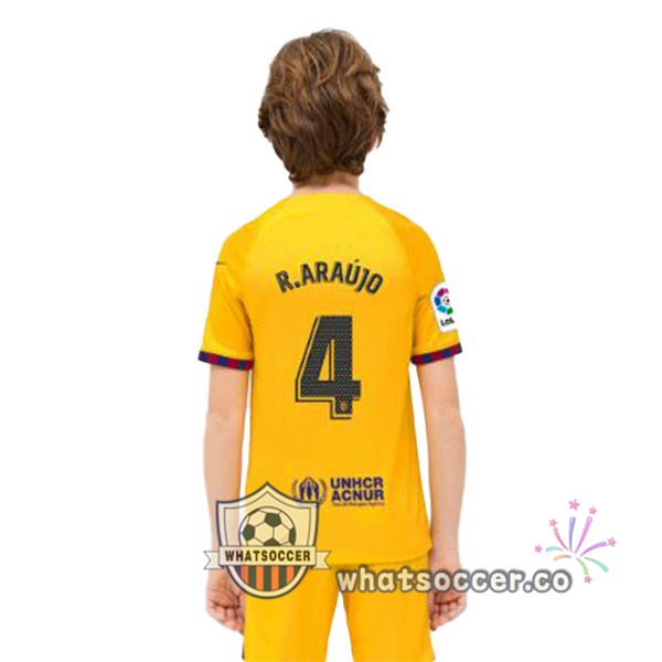 FC Barcelona (R. ARAUJO 4) Kids Fourth Soccer Jerseys Yellow 2022-2023