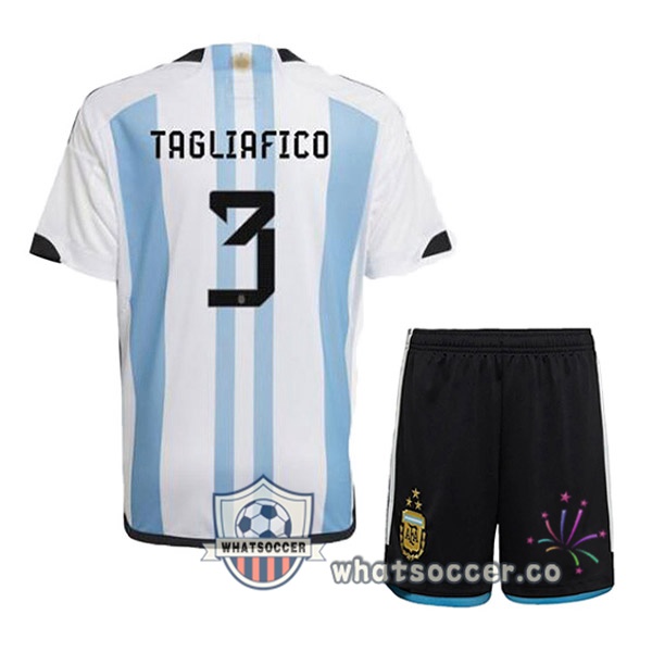 3 Stars Argentina (TAGLIAFICO 3) Kids Home Soccer Jerseys Blue White 2022-2023