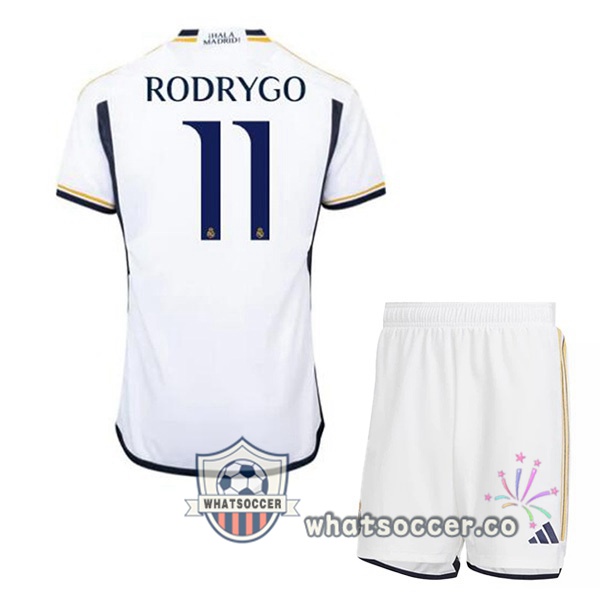 Real Madrid (Rodrygo 11) Kids Home Soccer Jerseys White 2023-2024