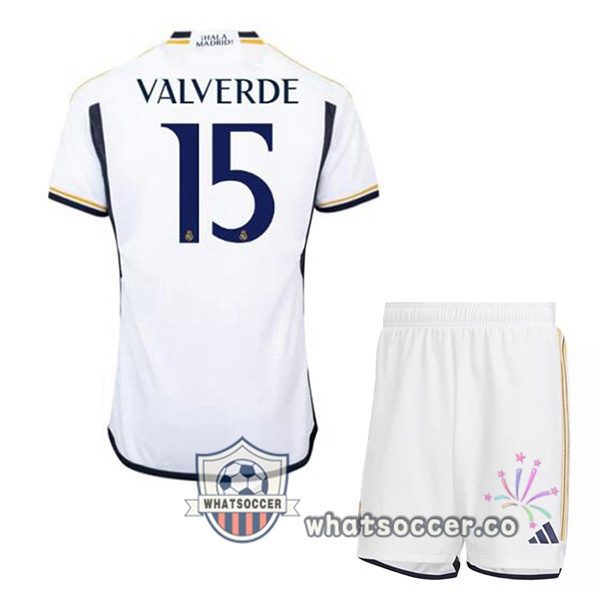 Real Madrid (Valverde 15) Kids Home Soccer Jerseys White 2023-2024