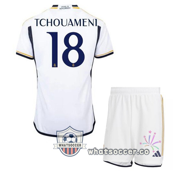 Real Madrid (Tchouameni 18) Kids Home Soccer Jerseys White 2023-2024