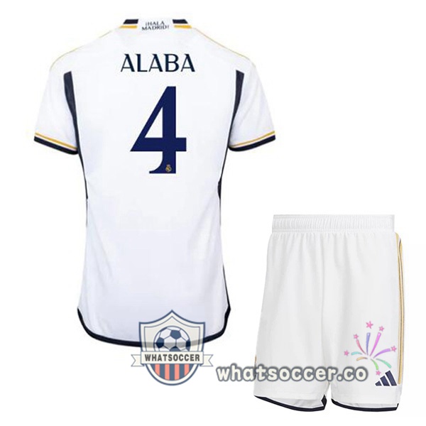 Real Madrid (Alaba 4) Kids Home Soccer Jerseys White 2023-2024