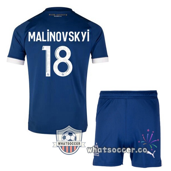 Olympique de Marseille (MALINOVSKYI 18) Kids Away Soccer Jerseys Blue 2023-2024